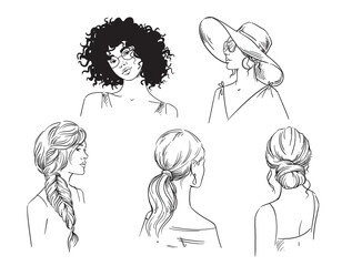 Set of different female summer hairstyles   vector black and white sketch - 436346814