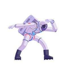 Astronaut looks to universe from planet. Dancing party cosmonaut, modern disco spaceman, comic space dancer. Vector comics astronaut illustration in different poses.