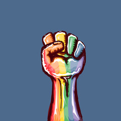 Rised LGBT fist colored in lgbt flag isolated on blue background. lgbt month or day poster design template. Fight for your LGBT rights concept vector illustration