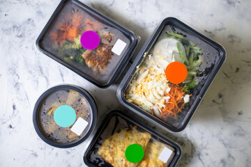 top view daily healthy food in containers. Food delivery.