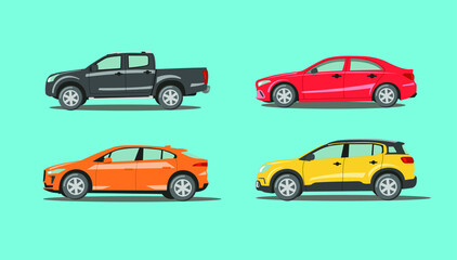 Vector cars collection. Cars, trucks and sports car in flat style design