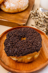 delicious homemade doughnut or donut. 

Donut is popular in many countries and is prepared in various forms as a sweet snack that can be homemade or purchased in bakeries, supermarkets.