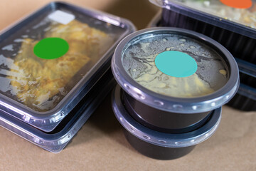 Food in containers close-up. Food delivery daily.