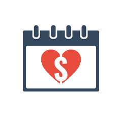calendar grid with red heart and dollar symbols, flat vector icon