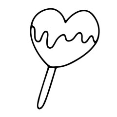 Doodle candy in the shape of a heart. Lollipop isolated on white background. Hand-drawn outline sweet dessert with cream for kids party, Easter, birthday, Valentines Day. Vector ice cream illustration