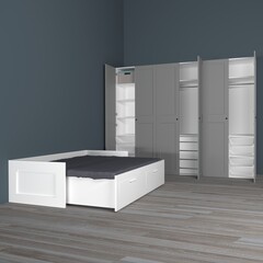 White bed and wardrobe in the room