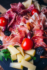 Appetizer closeup with wine on table