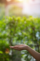 Technology, hand holding with environment Icons over the Network connection on green background.