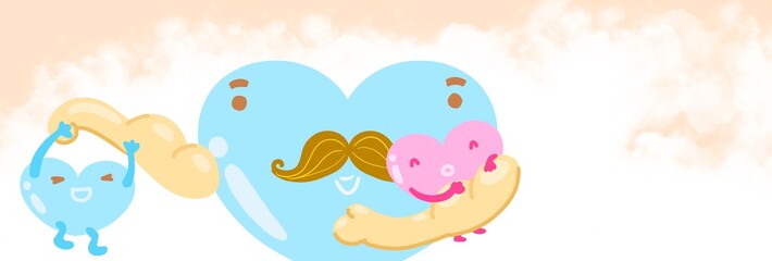 Cartoon Daddy Heart and Two Little Hearts with Cloud Sky Background For Father's Day