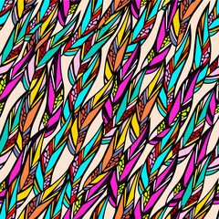 Seamless pattern with painted willow leaves in different colors. Bright pattern for decorating fabrics, wrapping paper, wallpapers, covers, stickers, postcards, etc.