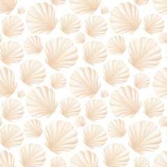 Seamless pattern of realistic bivalve pearl shells. Cartoon inhabitants of the seas and oceans in pastel colors. Background decoration of the underwater world.