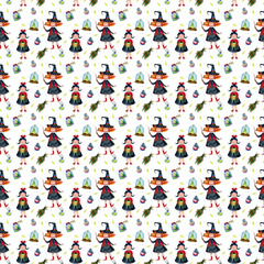 seamless watercolor pattern with witches, magic books, magic wands and potions attributes on a white background.