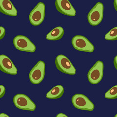 Avocado seamless pattern. Dark organic background. Vector illustration.