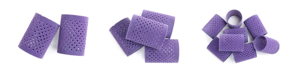 Set with hair curlers on white background, top view. Banner design