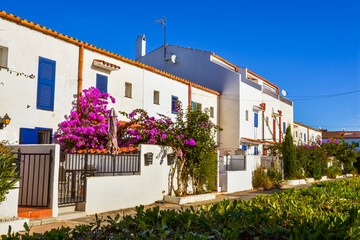 Fototapeta na wymiar Summer panorama of Empuriabrava street in Costa Brava, Catalonia, Spain
