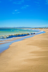Fototapeta na wymiar Summer panorama of Empuriabrava beach in Costa Brava, Catalonia, Spain