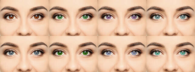 Collage with photos of woman wearing different color contact lenses, closeup. Banner design