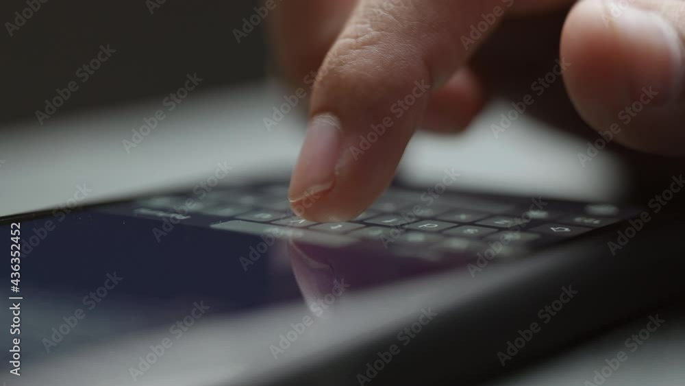 Poster Touch Screen Smartphone Lying on the Table while Person is typing a Message. Concept of Email Writing, Chatting in Social Media Apps, sending an SMS, Taking Note.  Macro footage.