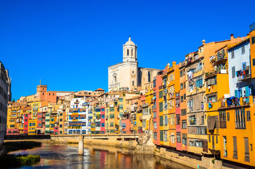 Famous colorful houses at river Onyar in Girona, Catalonia, Spain