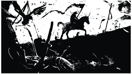 The battlefield is littered with corpses and broken weapons, the last surviving horseman is walking on it, riddled with arrows, he does not throw the banner, 2d illustration - obrazy, fototapety, plakaty