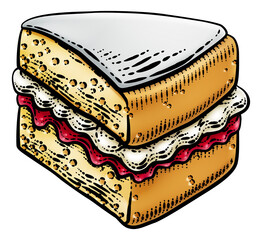 Cake Sponge Slice Jam Cream Woodcut Drawing