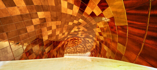 Colorful abstract panoramic background: cooper metal tunnel.

(Car backplate, 3D rendering computer digitally generated illustration.)