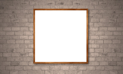 One Foto Frame on Brick Vintage Wall. one Photo frame Square Hanging in Brown Wall bricks Background. White Blank With Wooden Borders. Photography and wall Art Mock Up.  Front view. 3D Visualization 