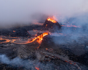 Craters at Geldingadalur volcanic eruption in Iceland 2021
