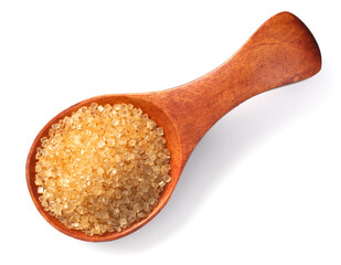 light yellow sugar in the wooden spoon, isolated on white background, top view