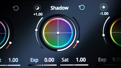 Color grading tools or RGB colour correction indicator on monitor in post production. Telecine full grade stage in video or film production processing. for colorist edit grading color on digital movie
