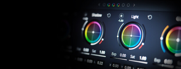 Fototapeta premium Color grading tools or RGB colour correction indicator on monitor in post production. Telecine full grade stage in video or film production processing. for colorist edit grading color on digital movie