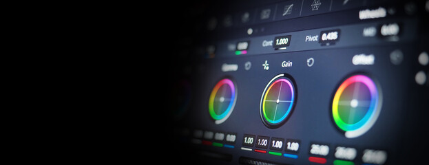 Color grading tools or RGB colour correction indicator on monitor in post production. Telecine full grade stage in video or film production processing. for colorist edit grading color on digital movie - obrazy, fototapety, plakaty