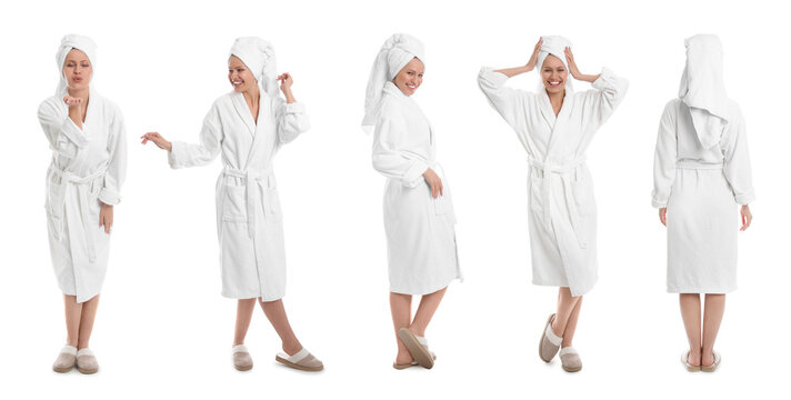 Woman wearing bathrobe on white background, collage. Banner design - Powered by Adobe