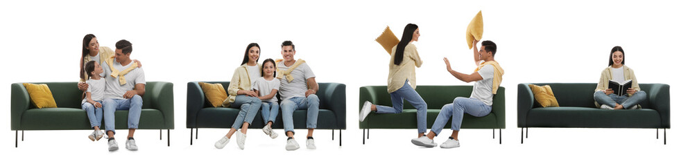 People resting on different stylish sofas against white background, collage. Banner design
