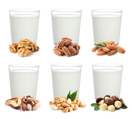 Set with different types of vegan milk and nuts on white background