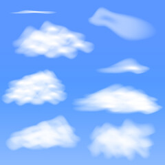 set of soft fluffy clouds of different shapes and densities on the blue sky. vector illustration