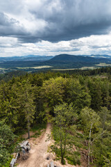 Beautiful panorama of mountains seen from top of observation tower on Trojgarb mountain