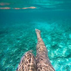 Woman tanned legs swimming underwater on vacation with sunlight reflection 