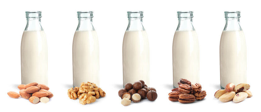 Set with different types of vegan milk and nuts on white background. Banner design