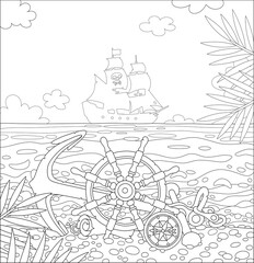 Pirate ship helm, an anchor, a compass and an old map of hidden treasures of filibusters on a sandy beach of a desert island in a tropical sea, black and white vector cartoon for a coloring book