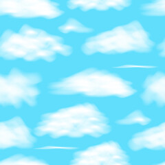 seamless endless pattern. white fluffy realistic clouds, different shapes on a blue background for covers, backdrops and posters. vector illustration on the theme of nature and weather
