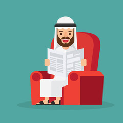 Arabic business man reading a newspaper on the sofa in room and office