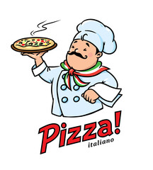 Funny italian chef with pizza. Emblem design - 436357497