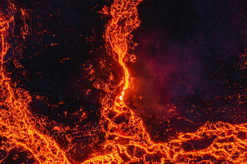 Drone picture of lava flow at Geldingadalur Fagradallsfjall Volcanic eruption in Iceland 