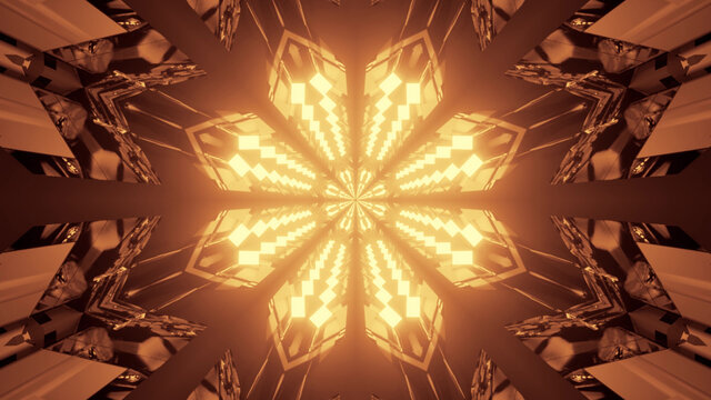3D rendering of futuristic kaleidoscope patterns in neon brown and black vibrant colors