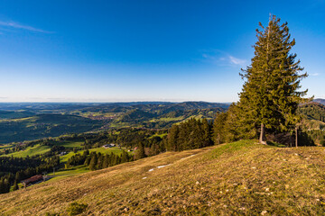 Fototapeta na wymiar Mountain tour along the Alpenfreiheit premium trail near Oberstaufen