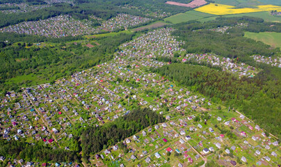 Aerial view from the drone of the suburb with houses and forest in summer