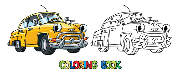 Funny small retro car with eyes. Coloring book