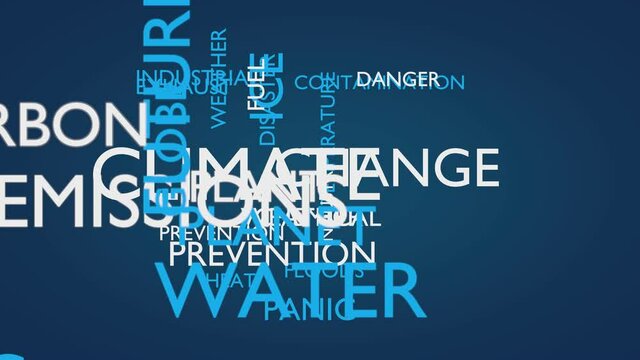 Climate change word tag cloud. UHD 4K, 3D rendering, blue variant