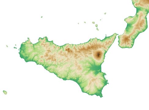 Physical map and satellite view of Sicily region, Italy. Volcano, Etna. 3d render